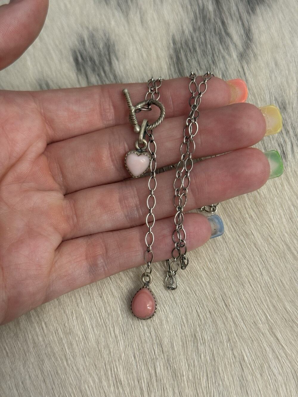 Sterling Silver Pink Conch Heart Double Dangle Stone Lariat Toggle Necklace